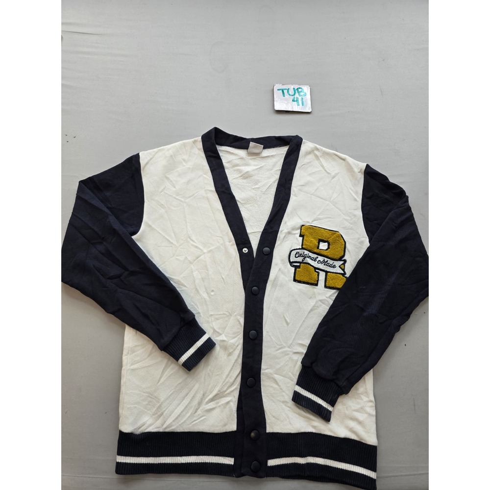 Zara Mens Varsity Cardigan Sweatshirt Navy Cream Chenille Patch Size Small